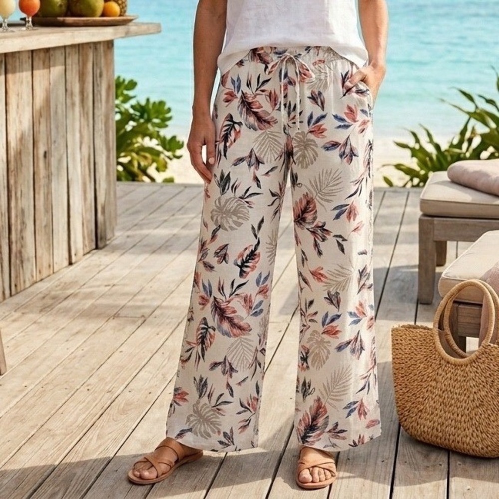 Briggs Tropical Floral Linen Blend Wide Leg Pants Coastal Resort Boho Beachy XL